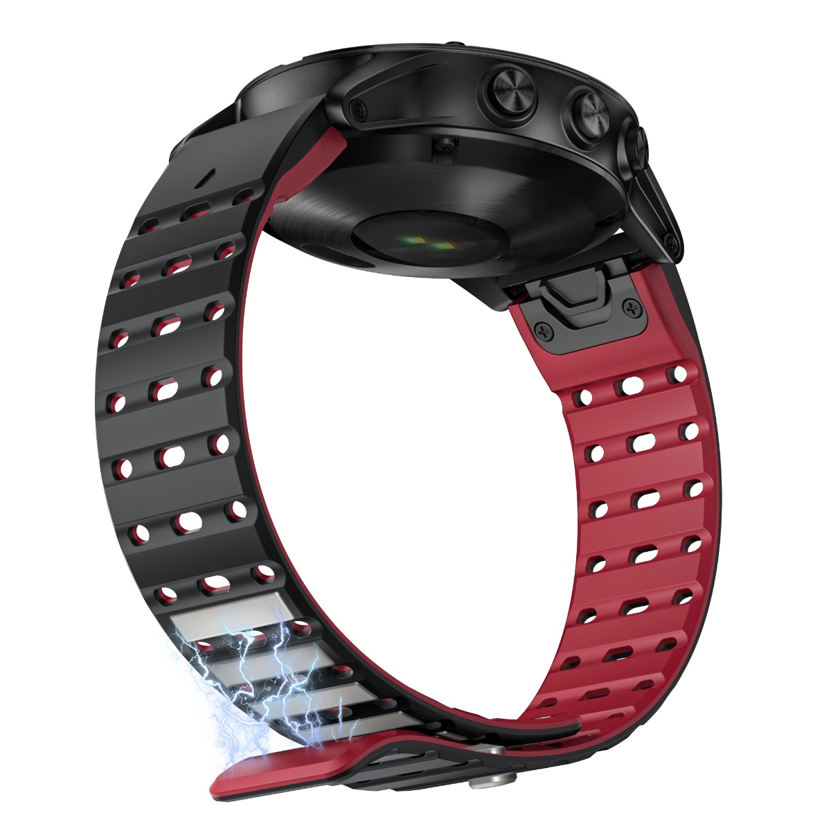 Schwarze und rote Sportuhr mit atmungsaktivem Band und integrierten elektrischen Funken.