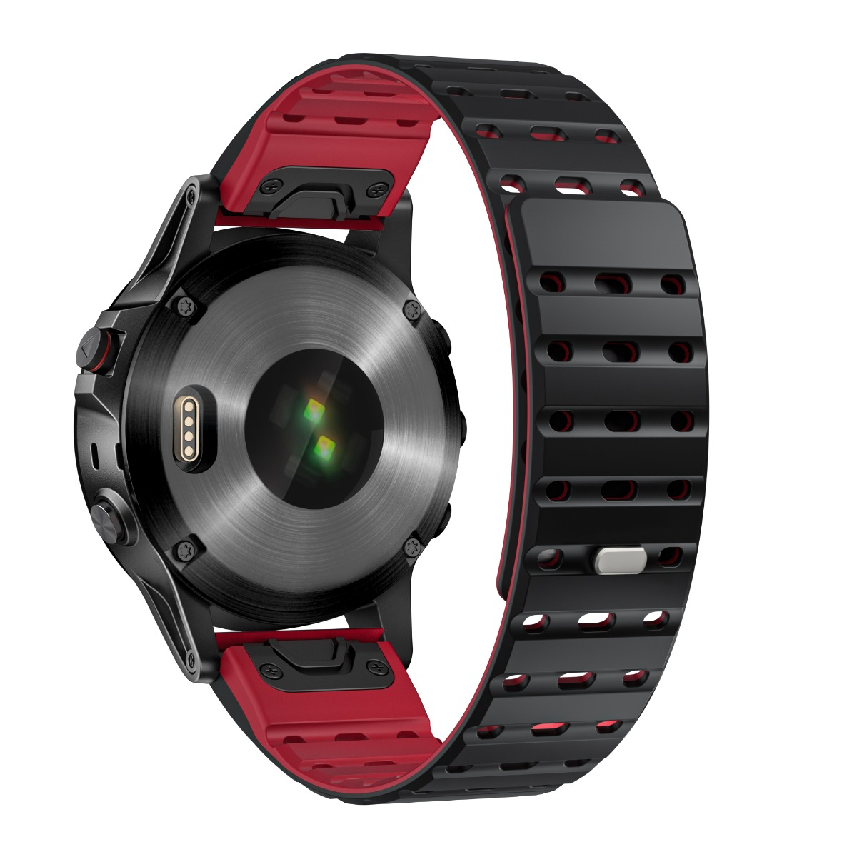 Rückseite einer schwarz-roten Smartwatch mit Sensorlichtern und perforiertem Silikonarmband.