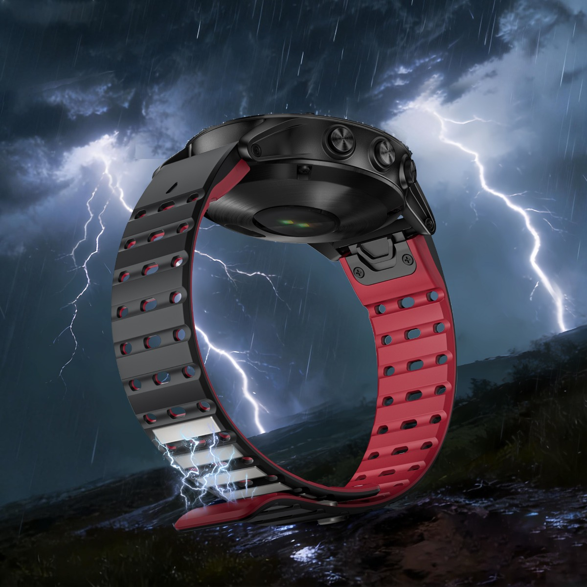 Eine schwarze und rote Sportuhr schwebt vor einem Gewitterhintergrund mit Blitz und Regen.