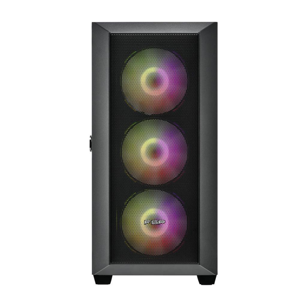 Ön paneli ızgaralı siyah bir bilgisayar kasası, canlı RGB renklerle yanan üç fan içeriyor.