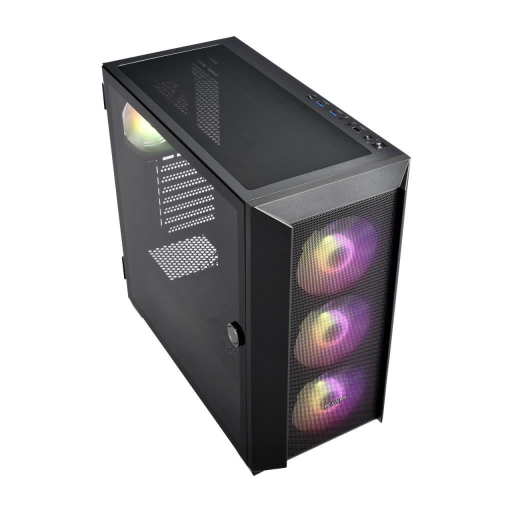Cam yan panelli, örgü ön yüzlü ve üç aydınlatmalı RGB ön fanlı siyah PC kasası.