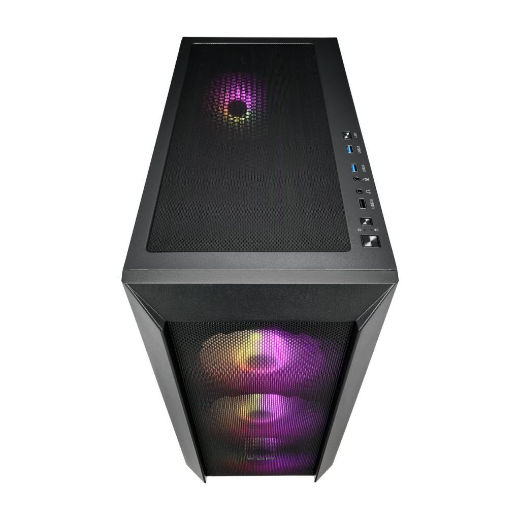 Ön panelinde file detay bulunan, renkli RGB fanlara ve üst portlara sahip siyah bilgisayar kasasının üstten görünümü.