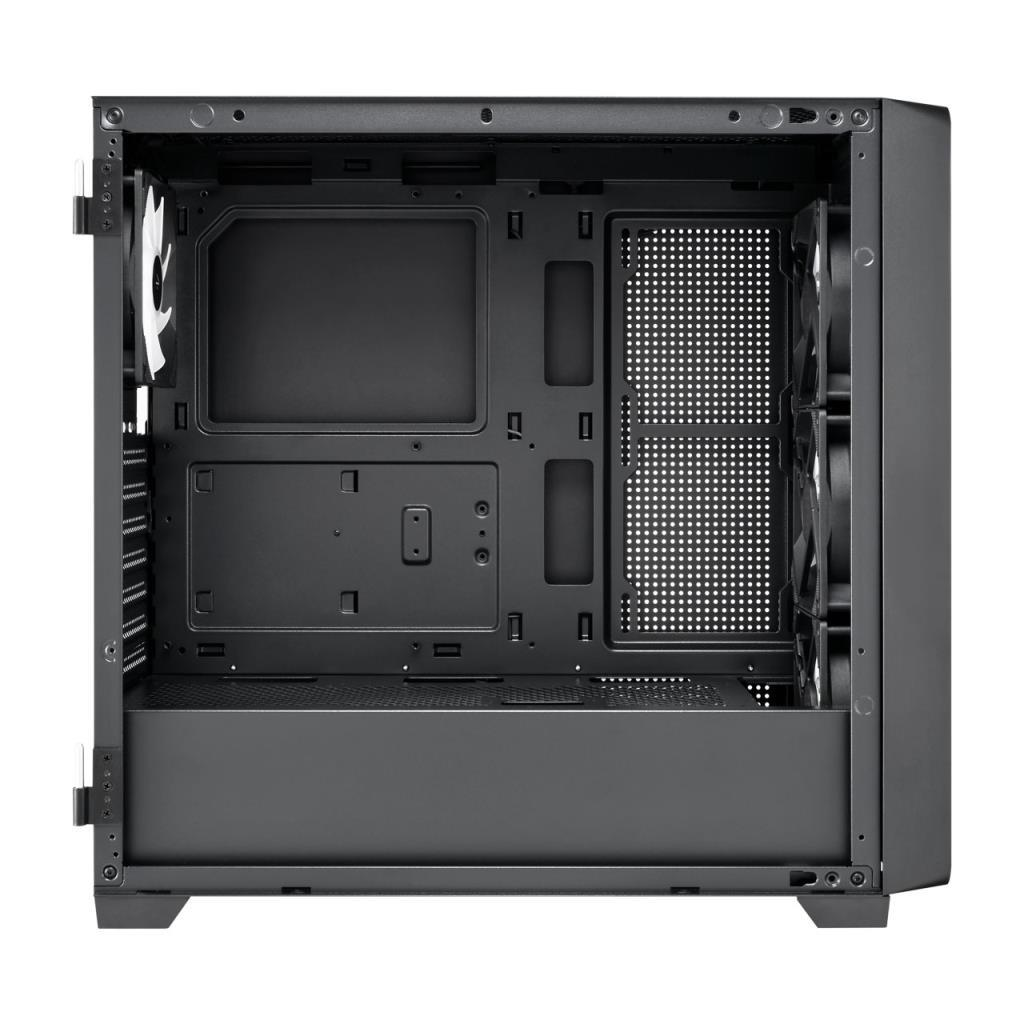 Farda fanlar ve kablo yönetim delikleri olan siyah bir PC kasasının içi.