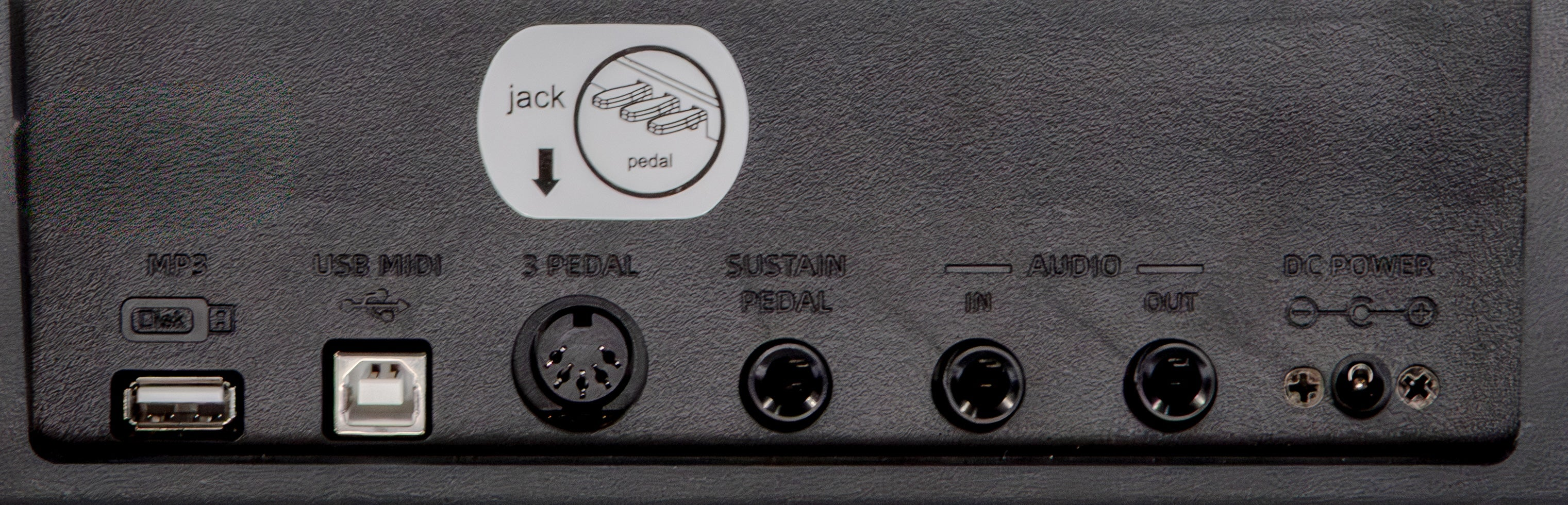 Rückseite eines elektronischen Geräts mit USB, MIDI, Pedal, Audio Ein- und Ausgängen und Netzanschluss.