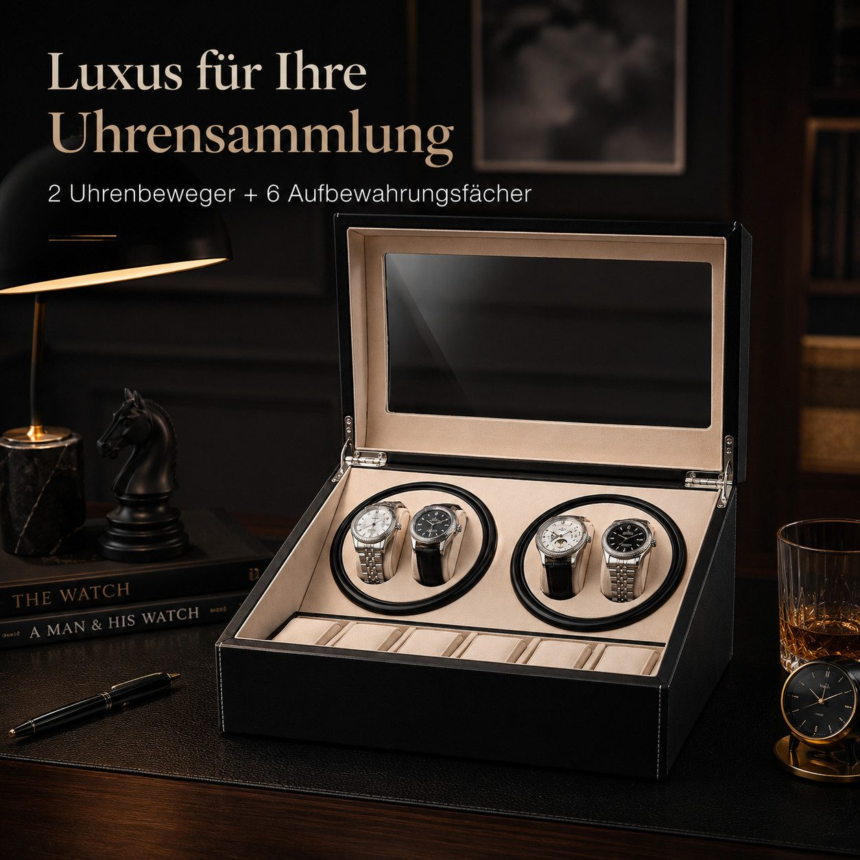 Luxuriöse schwarze Uhrenbox mit zwei Rotoren und sechs Fächern, beleuchtet auf einem dunklen Schreibtisch.