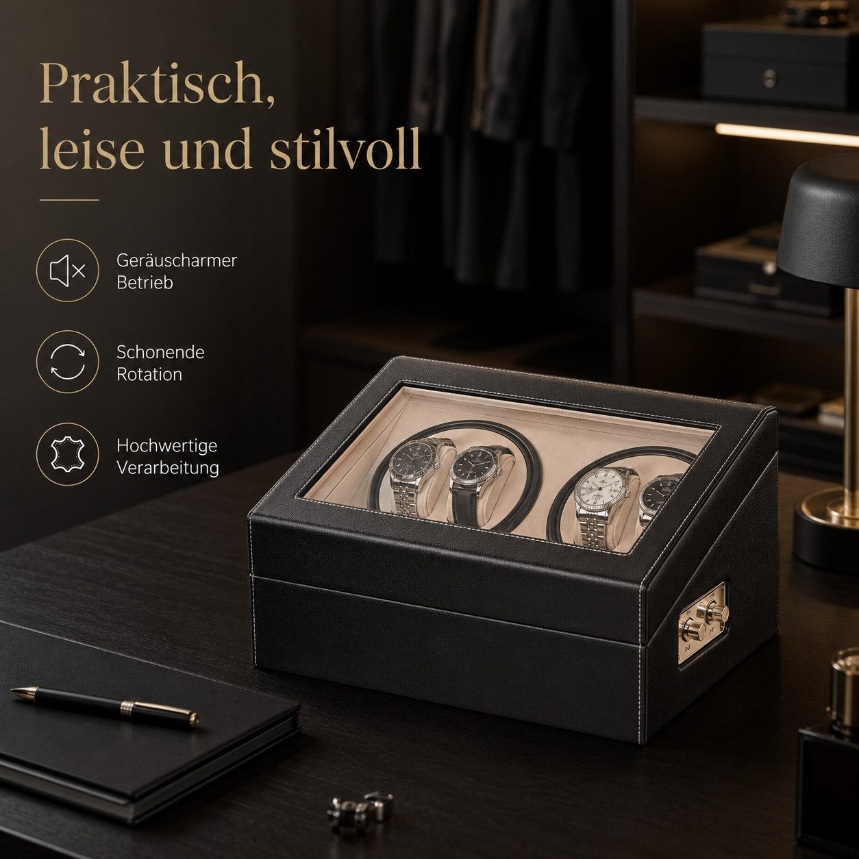 Eine schwarze Uhrenbewegebox mit vier Uhren auf einem dunklen Tisch, daneben Text auf Deutsch.