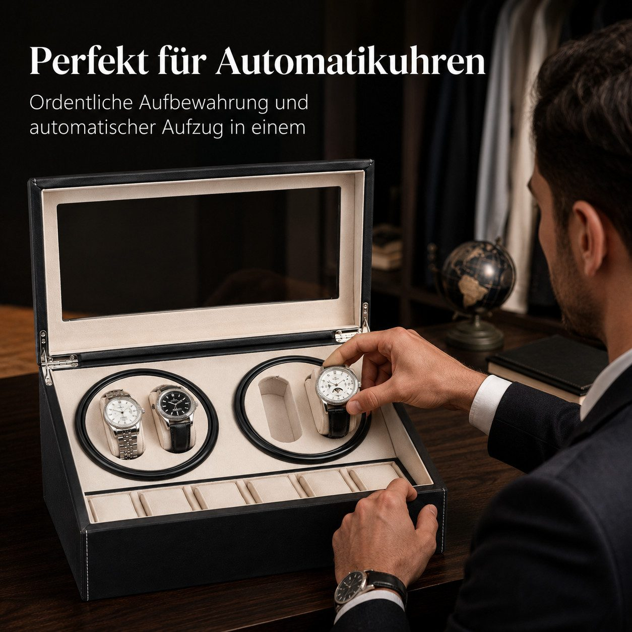 Ein Mann nimmt eine Uhr aus einem schwarzen Uhrenbeweger mit mehreren Fächern.