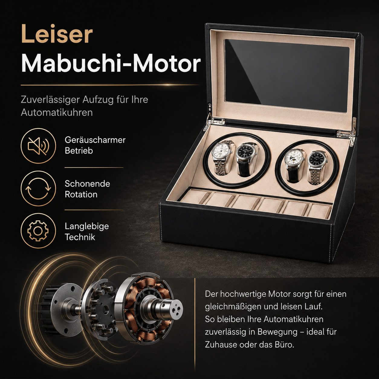 Eine schwarze Uhrenbewegebox aus Leder hält vier Uhren, mit deutschem Text und Motorgrafiken im Hintergrund.