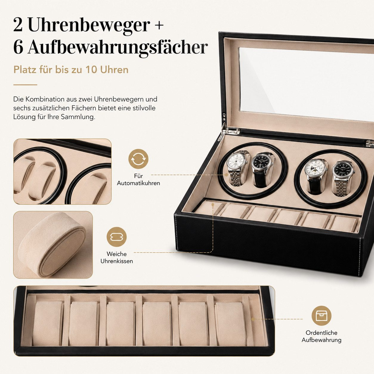 Schwarze Uhrenbox mit zwei automatischen Bewegern und sechs Kissen für Uhren.