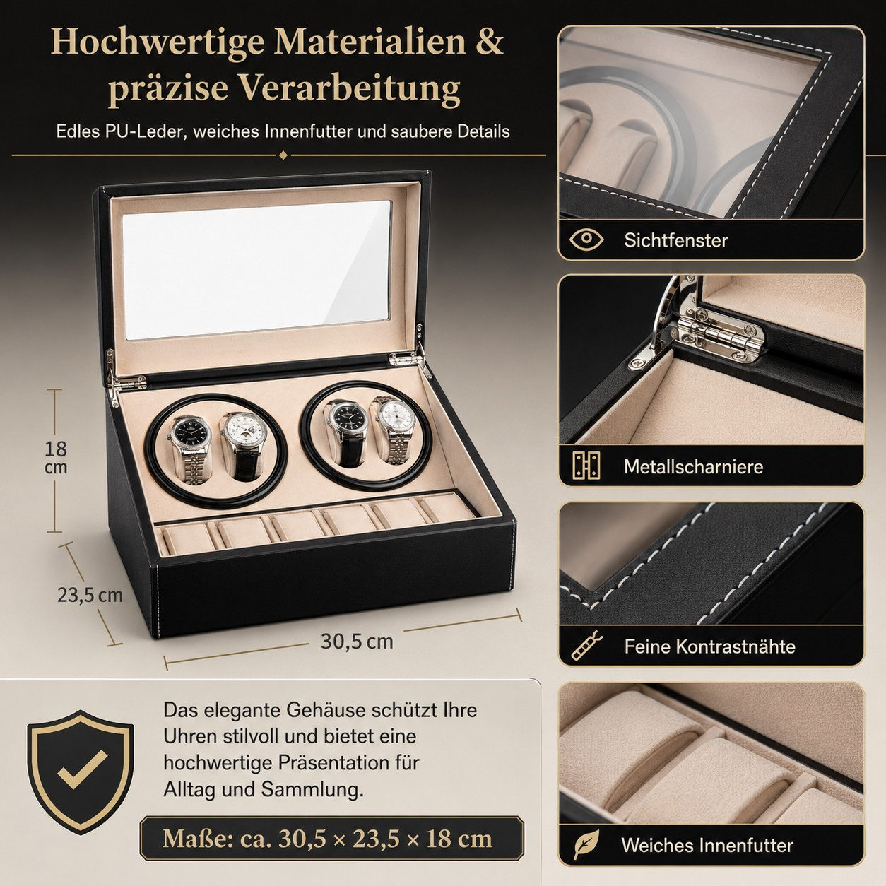 Schwarze Uhrenbox aus PU-Leder mit Fenstern, Metallscharnieren und Platz für vier Uhren und sechs Kissen.