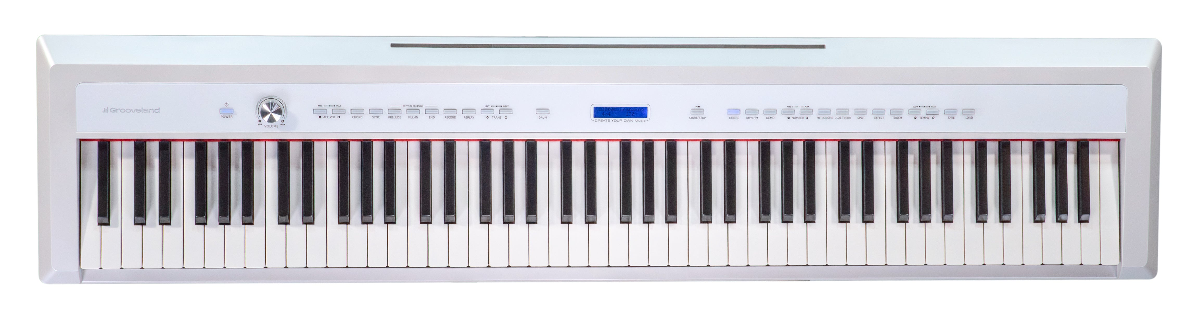 Ein weißes Digitalpiano mit silbernem Gehäuse, zahlreichen Tasten, einem Lautstärkeregler und einem blauen Display.