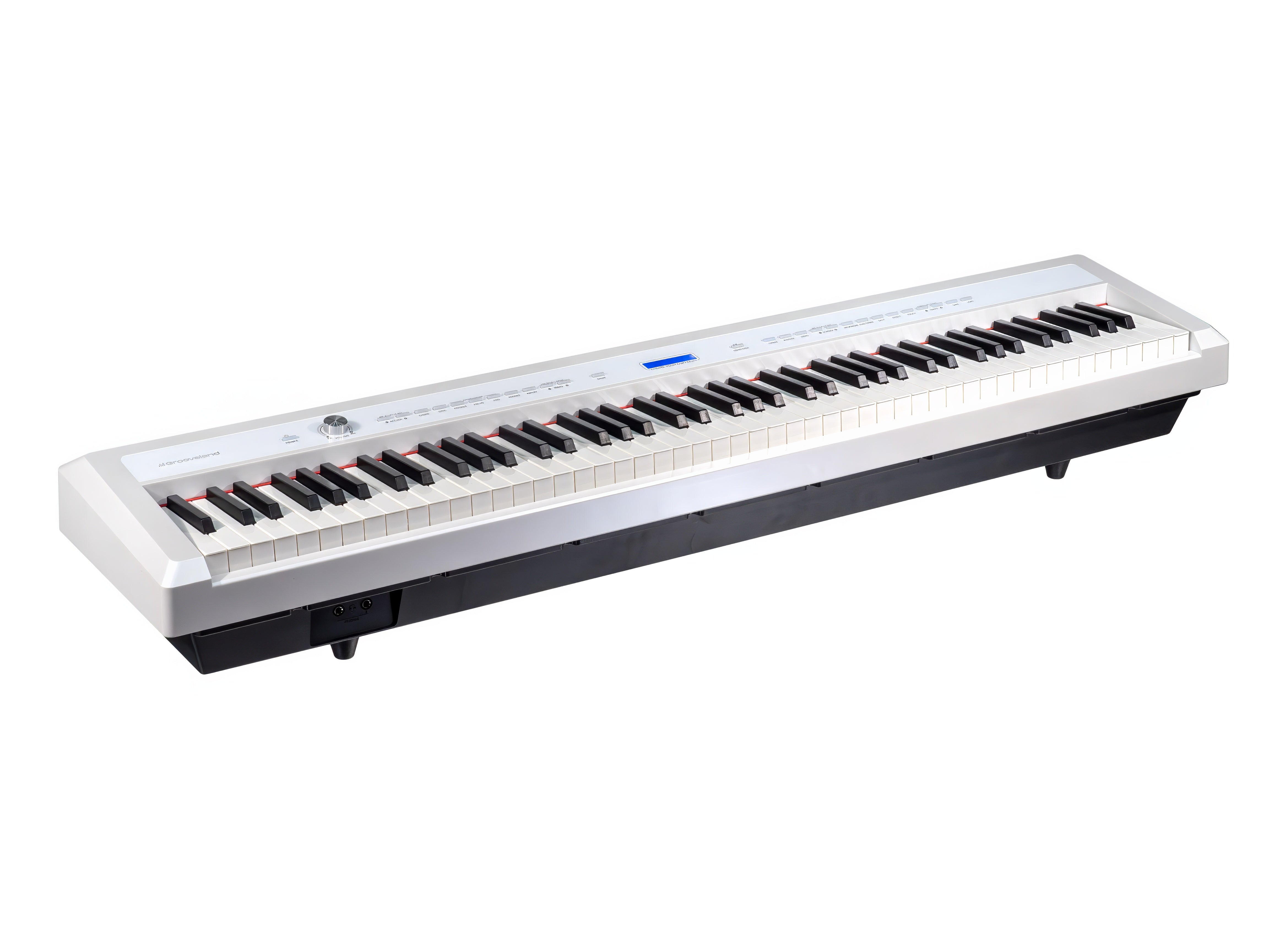 Ein weiß-schwarzes elektronisches Klavierkeyboard aus hoher Perspektive vor weißem Hintergrund.