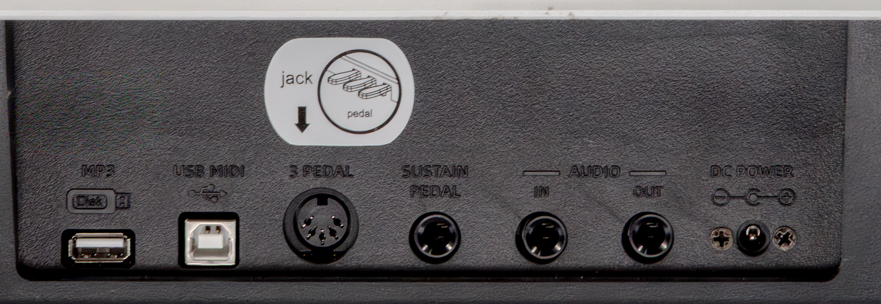 Rückseite eines E-Pianos mit Anschlüssen für MP3, USB, 3-Pedal, Sustain, Audio In/Out und DC-Netzteil.