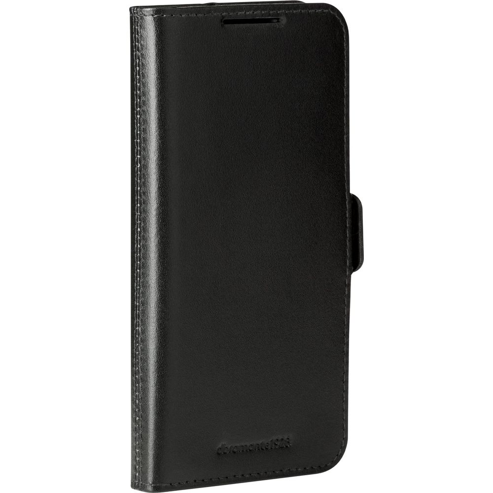 Ein schwarzes geschlossenes Smartphone-Lederetui mit feinen Nähten und einer kleinen Lasche.