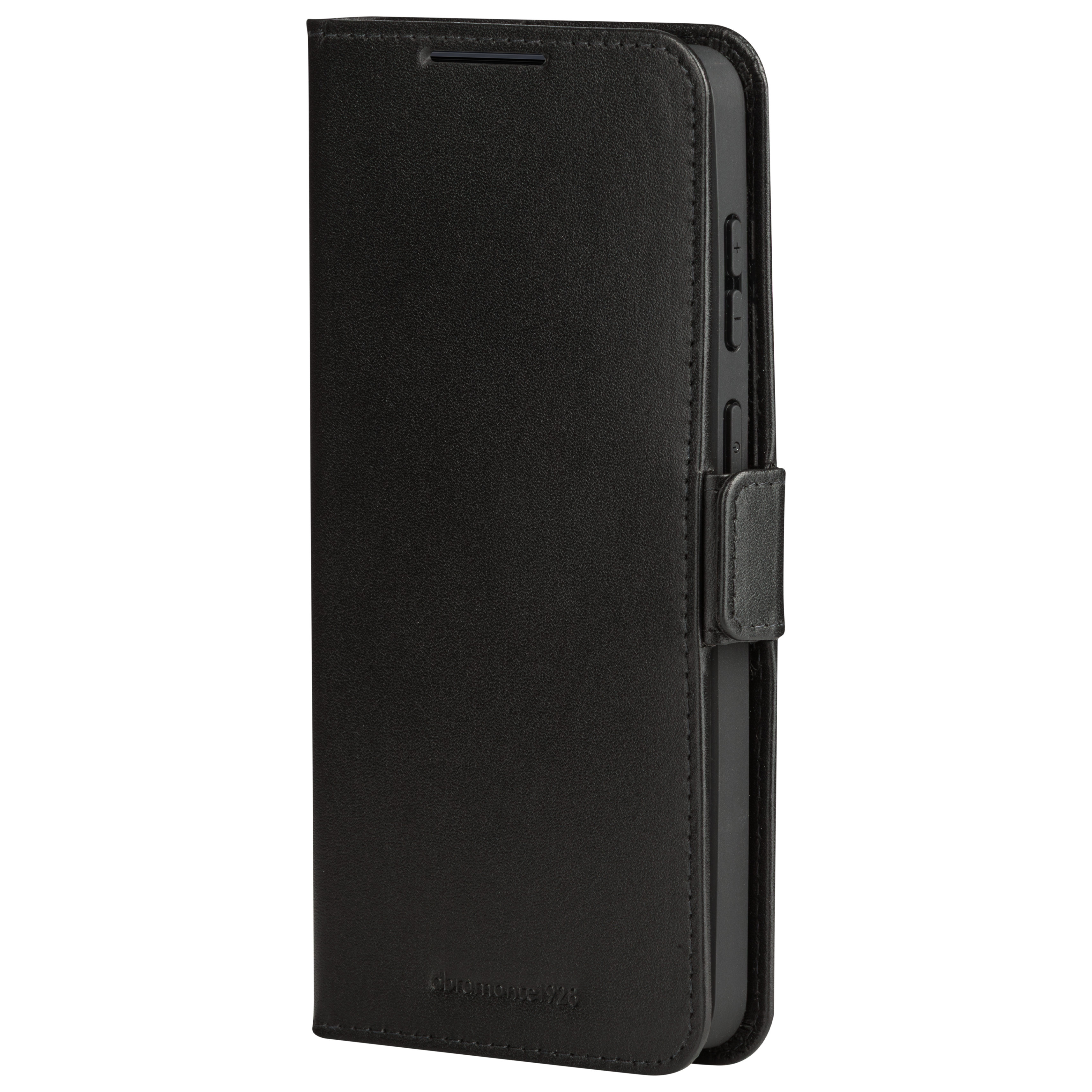 Ein schwarzes Leder-Handy-Etui mit integriertem Klappverschluss auf weißem Hintergrund.