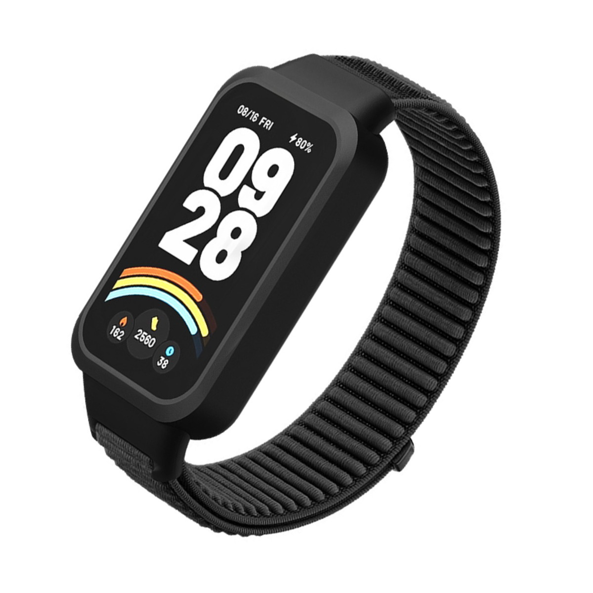 Schwarze Smartwatch mit gewebtem Armband und digitalem Zifferblatt auf weißem Hintergrund.