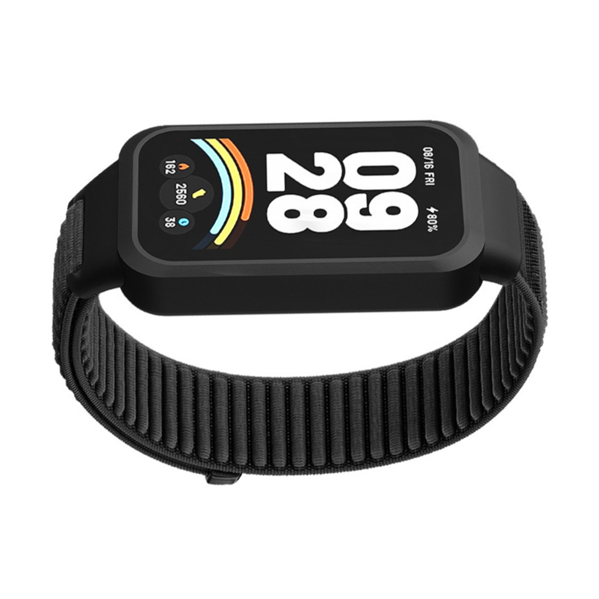 Schwarze Smartwatch mit texturiertem Armband und hellem digitalem Zifferblatt.