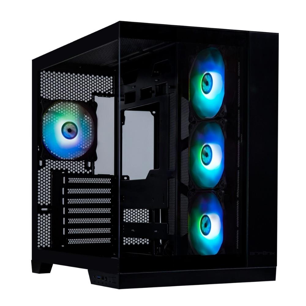 Cam ön panelli, file yanlı ve dört aydınlatmalı RGB fanlı siyah bilgisayar kasası.