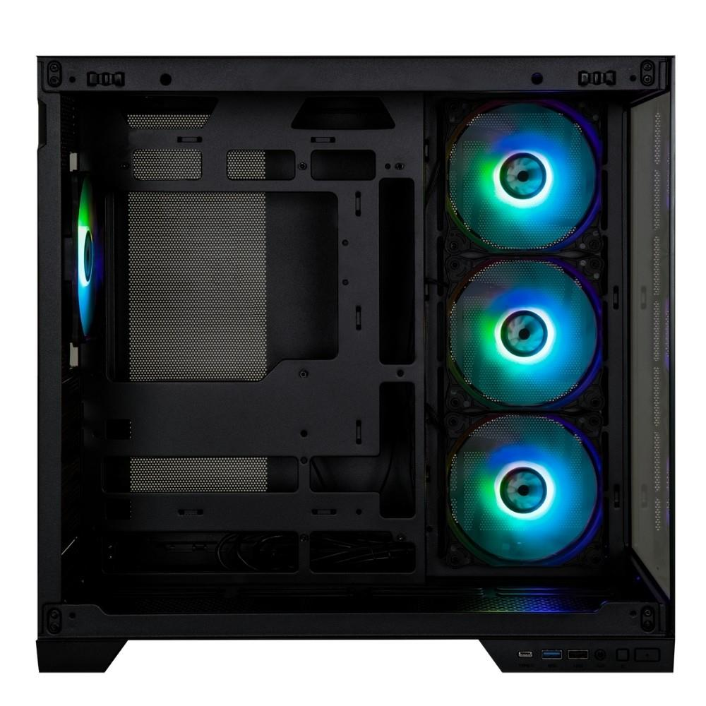 Sağda üç parlayan RGB fan ve solda bir tane bulunan siyah bilgisayar kasasının içi.