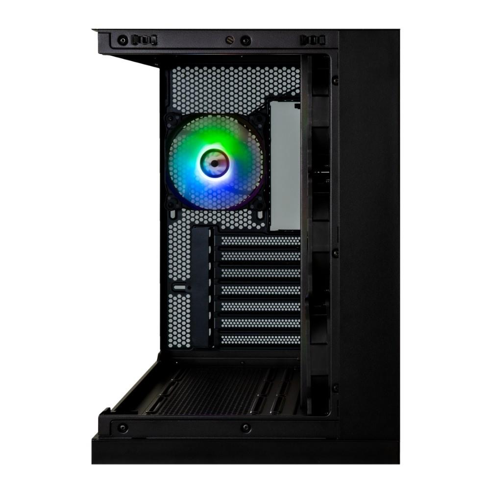 Delikli arka panelinde tek bir aydınlatmalı RGB fan bulunan siyah bilgisayar kasası.