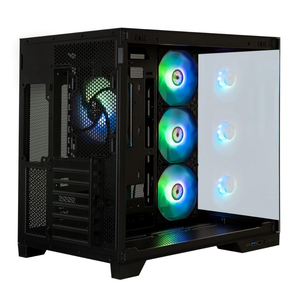 Cam ön panelli ve üç aydınlatmalı RGB fanlı siyah bilgisayar kasası.