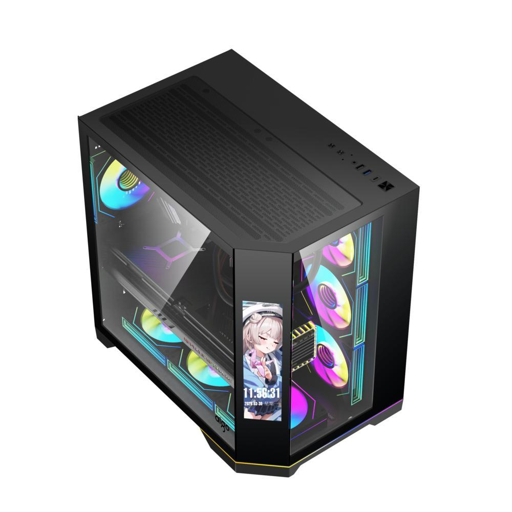Cam ön panelli, renkli RGB fanlı ve entegre ekranlı siyah bilgisayar kasası.