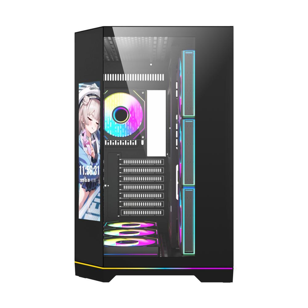 RGB fanlara ve anime karakteri gösteren yan ekrana sahip siyah PC kasası.