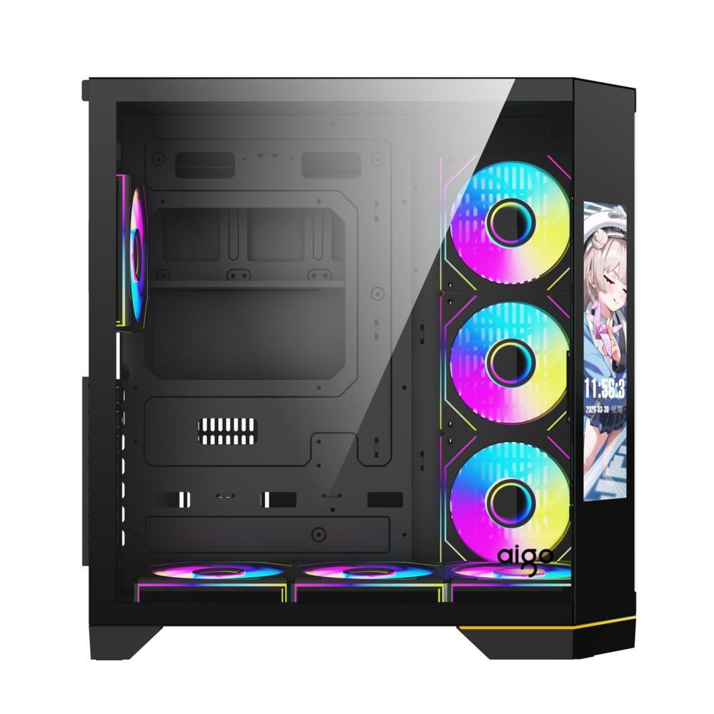 Cam yan panelikli, renkli RGB fanlı ve önünde ekran olan siyah bilgisayar kasası.