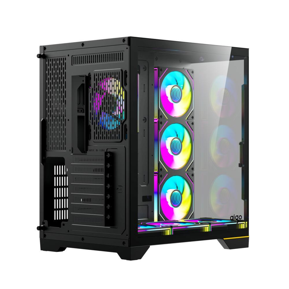 Cam yan panelli ve renkli RGB fanlı siyah bilgisayar kasası.