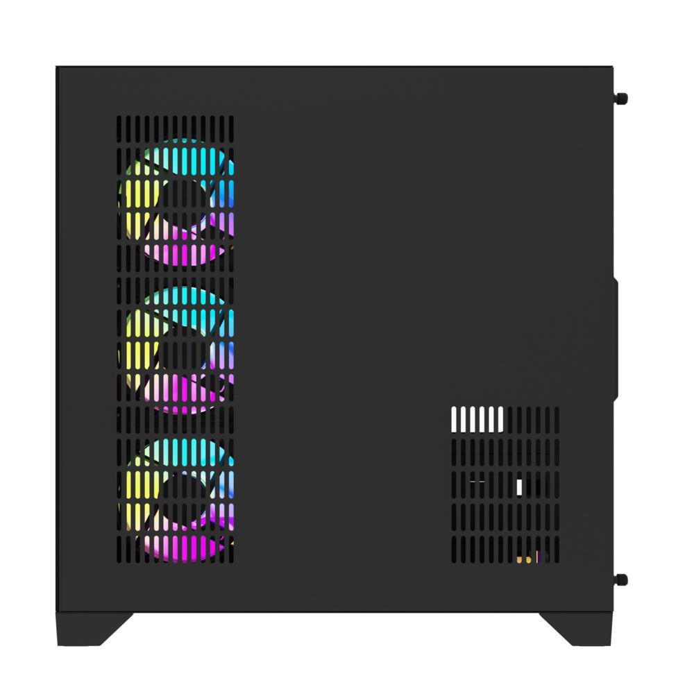 Yan havalandırma deliklerine ve renkli RGB fanlara sahip siyah bilgisayar kasası.