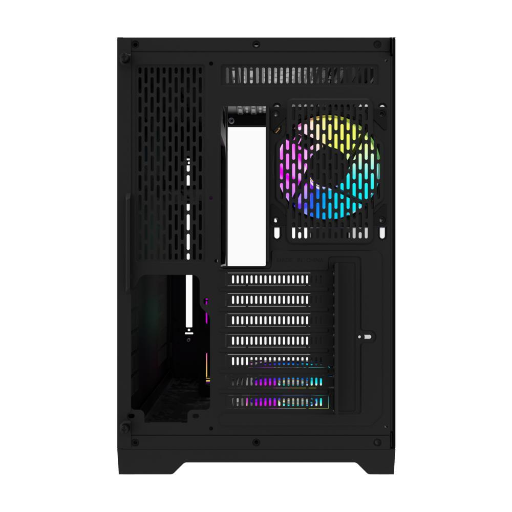Sağ üstte renkli RGB fanı ve dikey PCI yuvaları olan siyah bir PC kasasının arka görünümü.