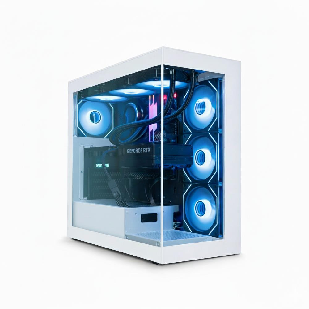 Cam ön panelli, aydınlatmalı mavi fanlı ve GeForce RTX ekran kartlı beyaz bilgisayar kasası.