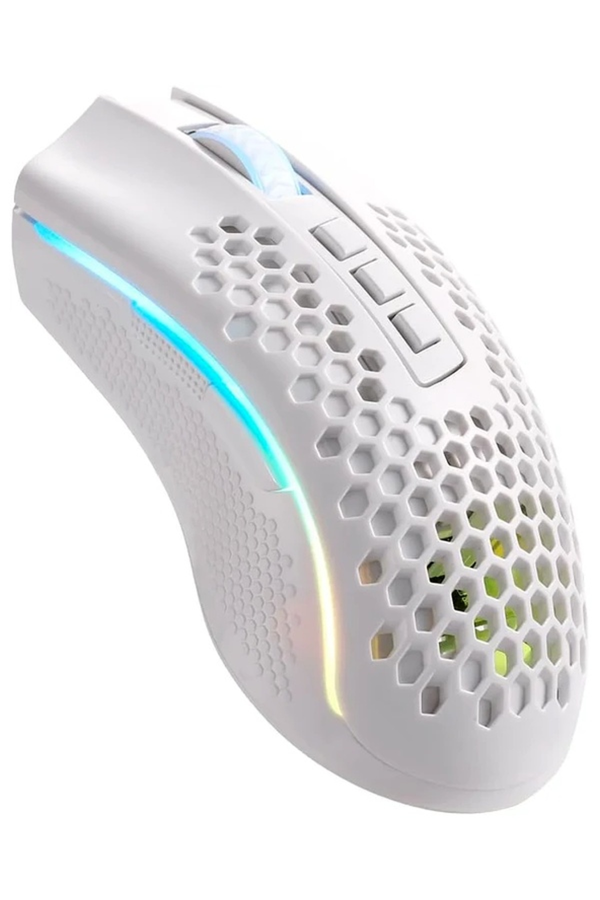Petek kabuklu, mavi ve sarı LED ışıklı ve kaydırma tekerlekli beyaz ergonomik oyuncu faresi.