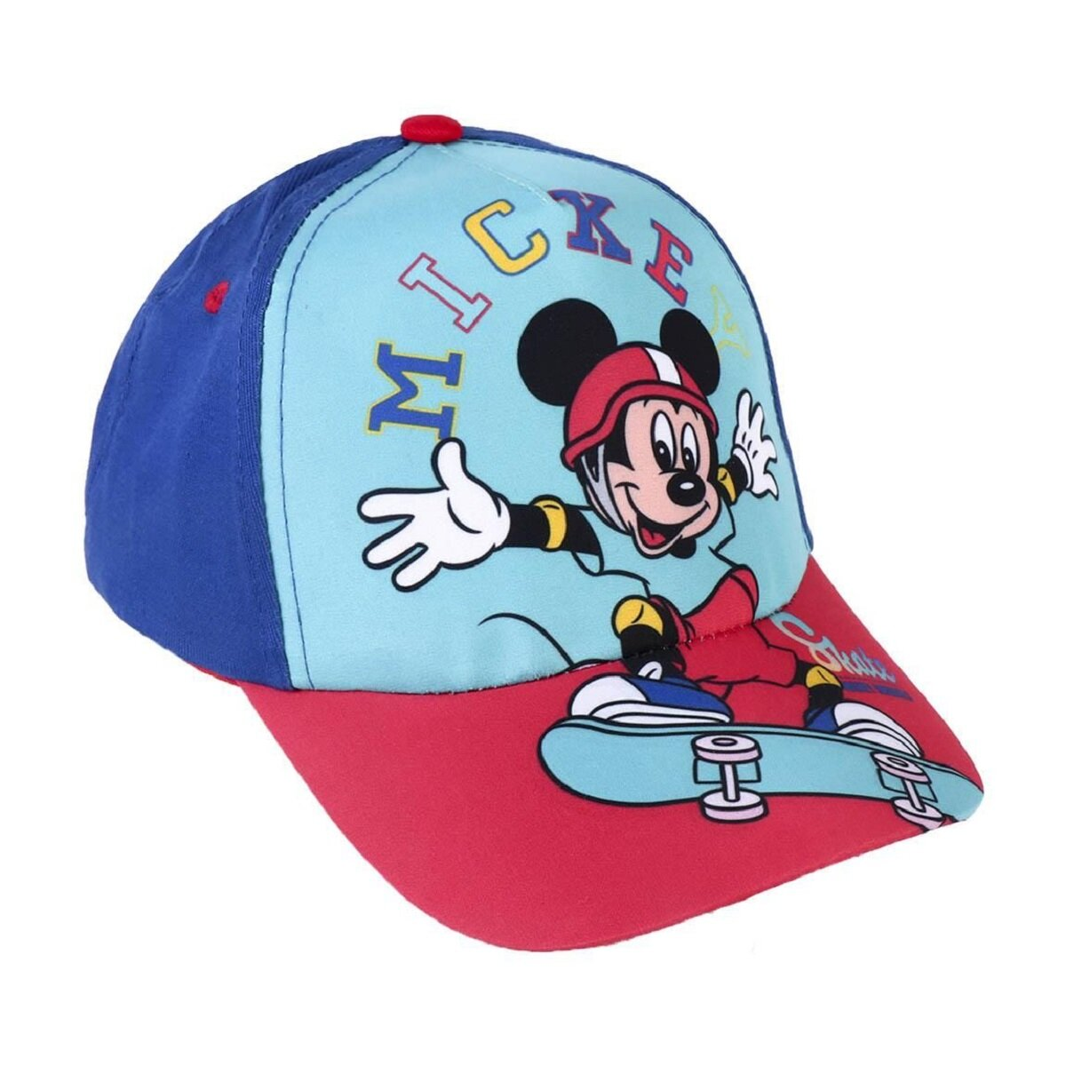 Gorra de béisbol azul y roja con Mickey Mouse en monopatín y el texto Mickey.