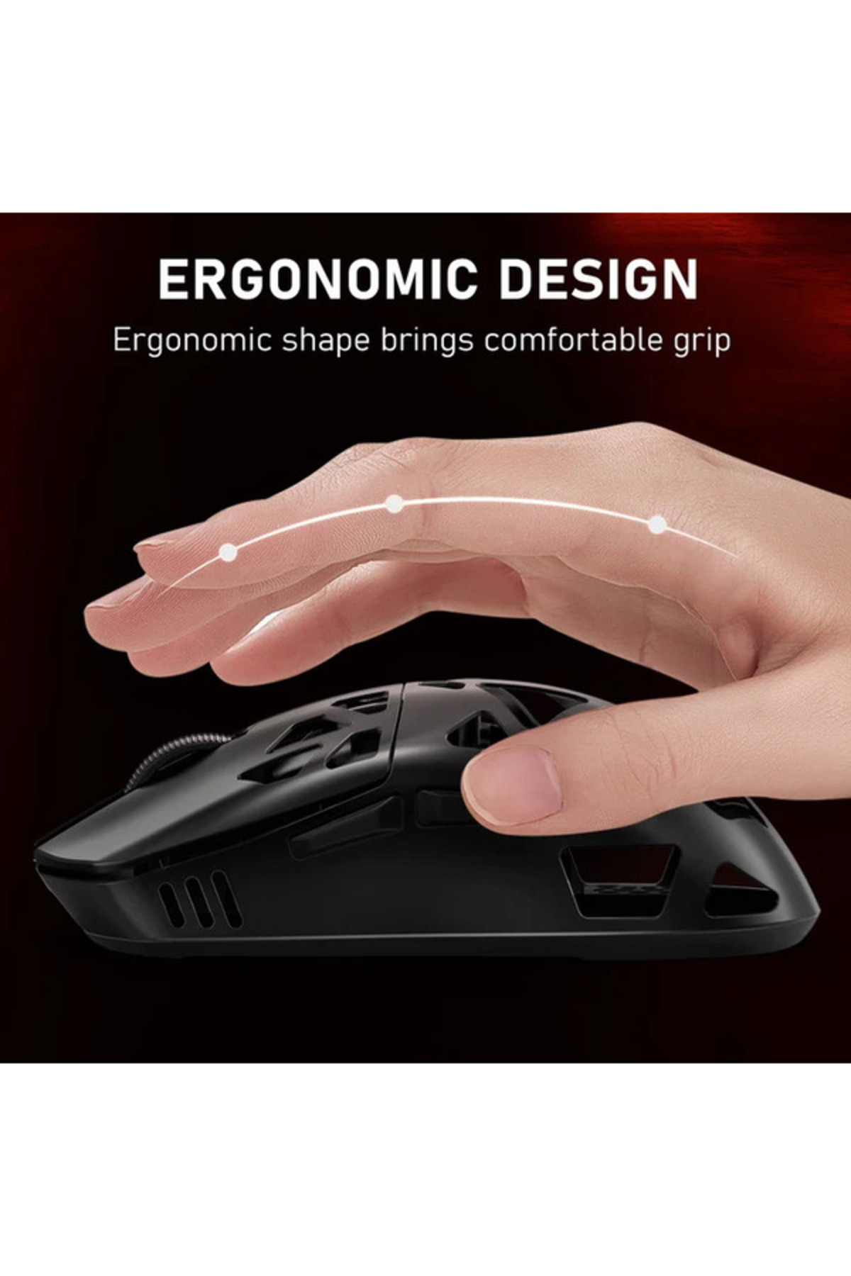 Koyu kırmızı arka planda boşluklara sahip ergonomik siyah bir oyuncu faresini tutan bir el.