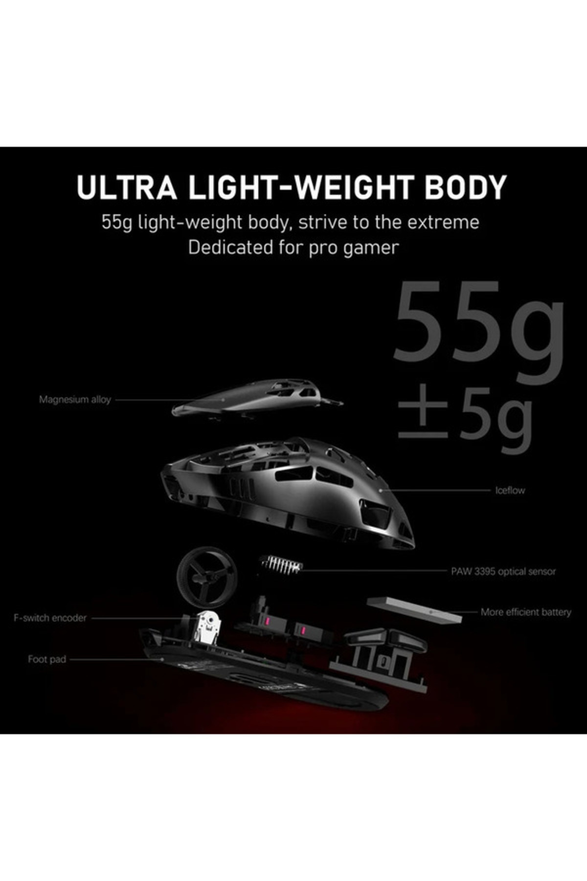 İç bileşenlerini gösteren 55g ultra hafif oyuncu faresinin patlatılmış görünümü.