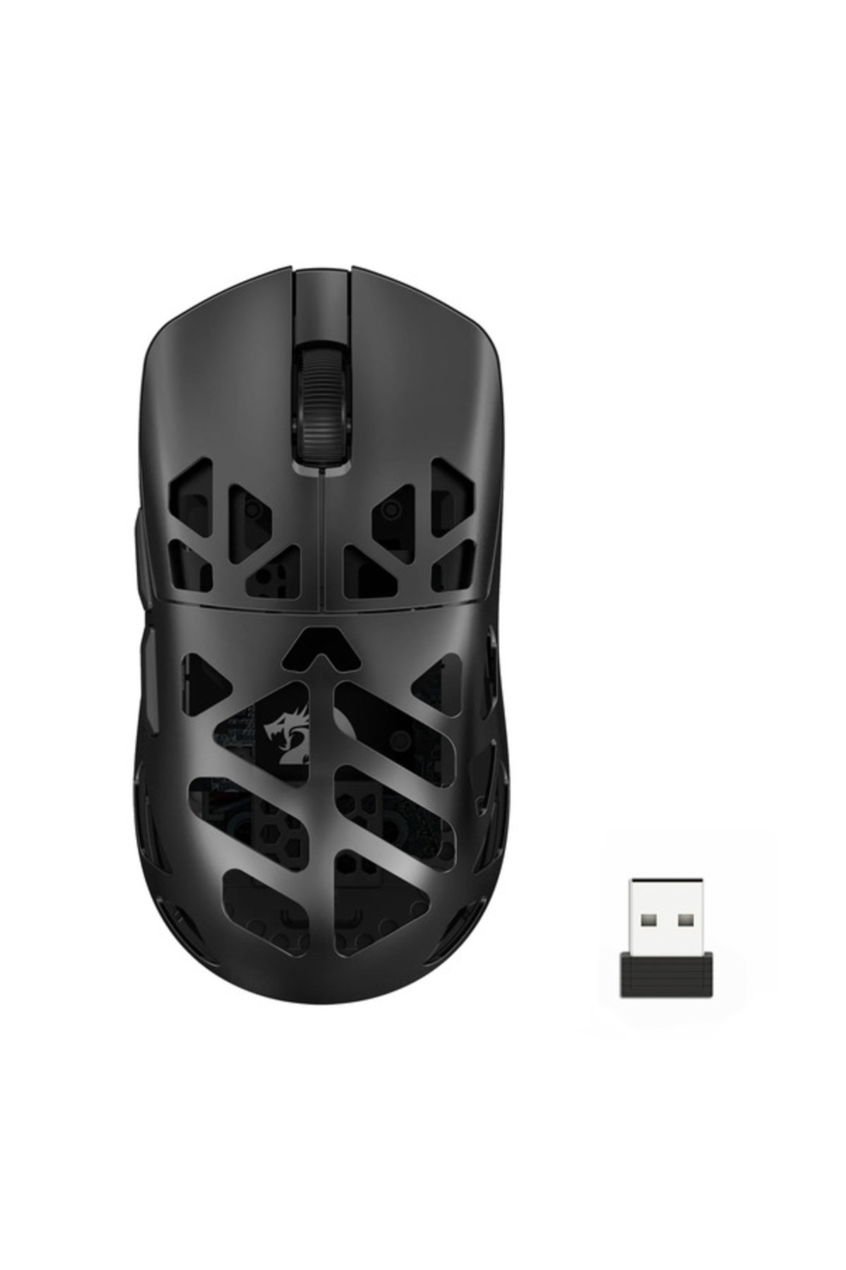 Beyaz arka planda petek desenli siyah kablosuz oyuncu mouse'u ve USB alıcısı.