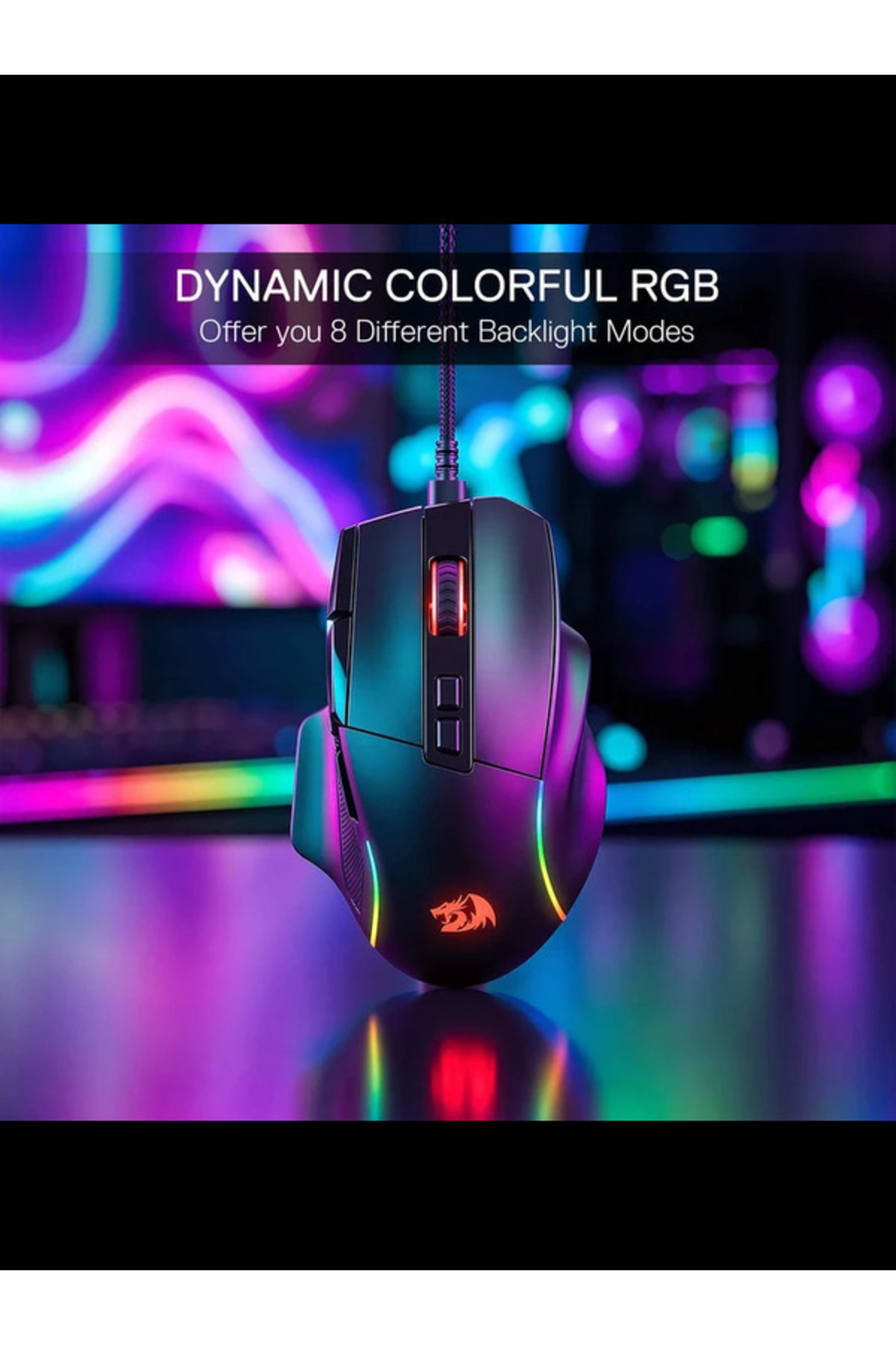 Canlı RGB aydınlatmalı siyah bir oyuncu mouse'u yansıtıcı bir yüzeyde dik duruyor.