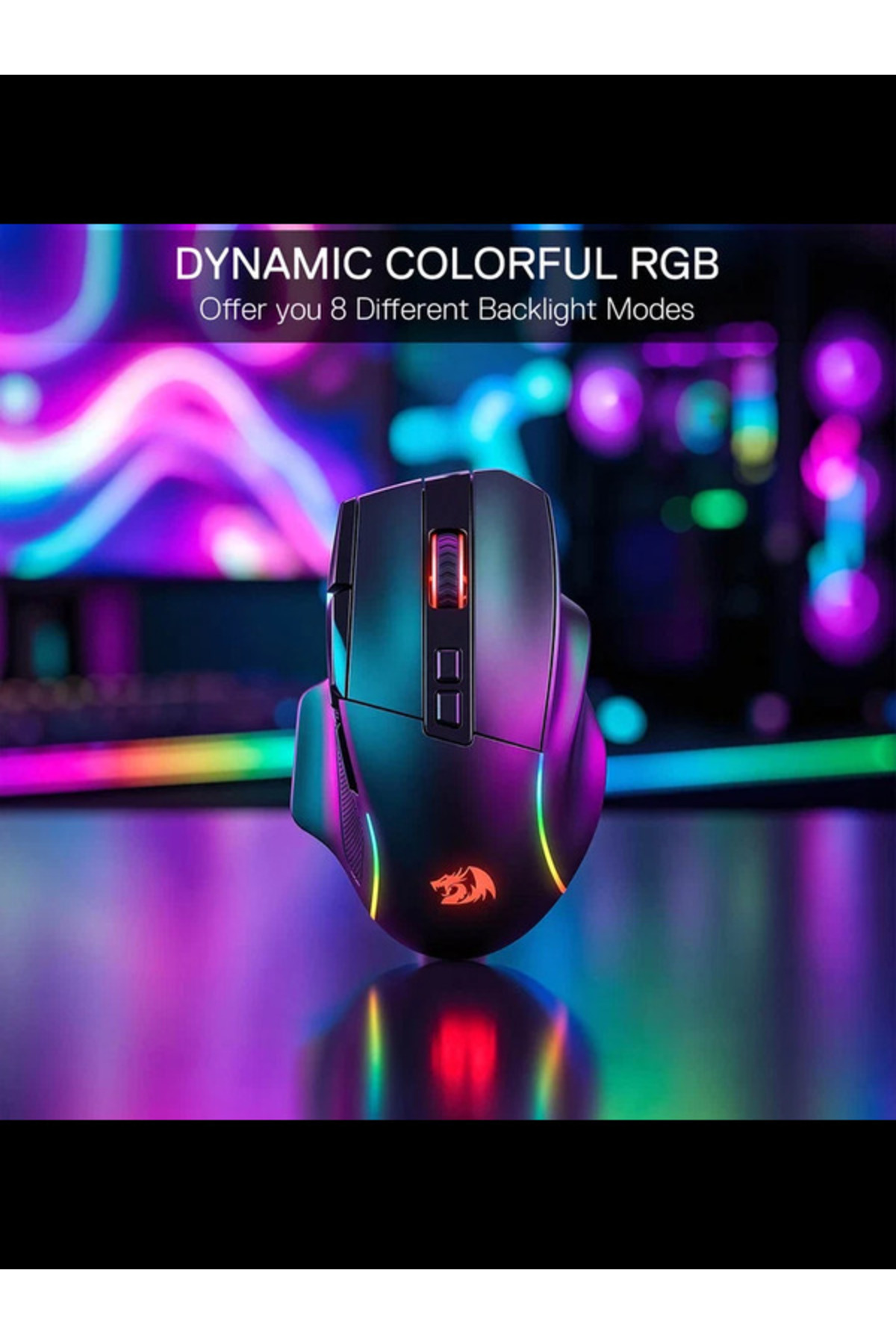 RGB aydınlatmalı siyah bir oyuncu mouse'u, bulanık renkli bir arka planın önünde duruyor.