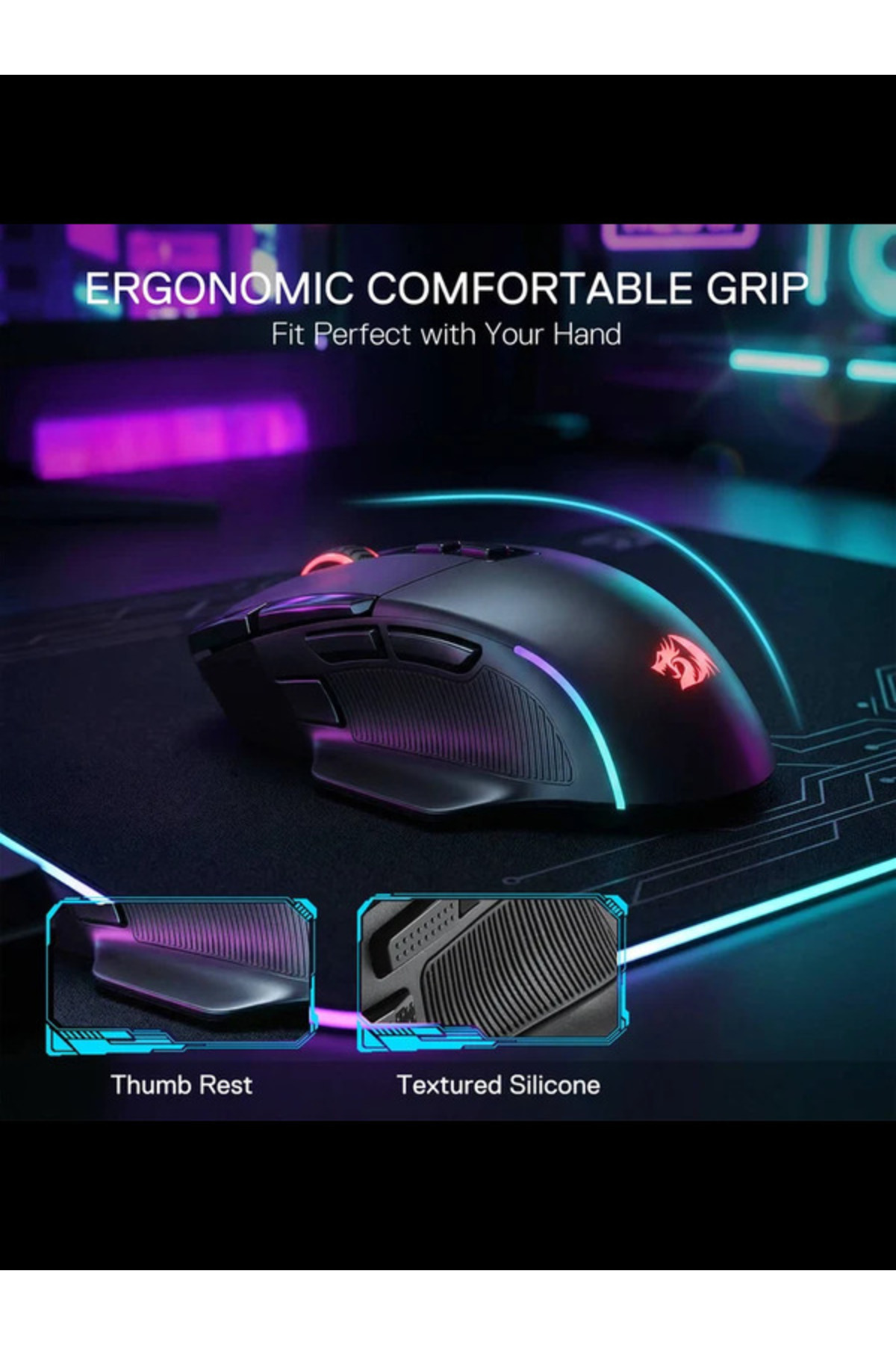 Başparmak dayanağı ve renkli LED aydınlatması olan ergonomik oyuncu faresi mousepad üzerinde.