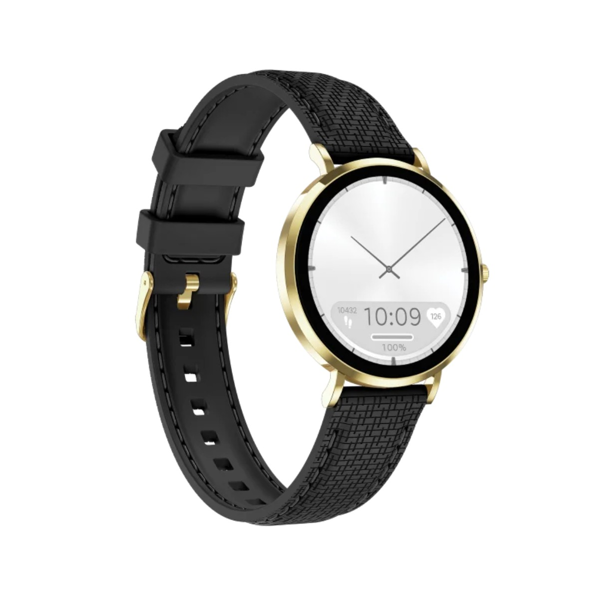 Czarny smartwatch ze złotą kopertą i teksturowanym paskiem na białym tle.