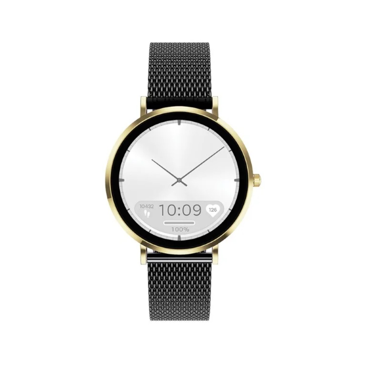 Okrągły smartwatch w złotej kopercie z czarną bransoletą typu mesh wyświetla cyfrową tarczę.