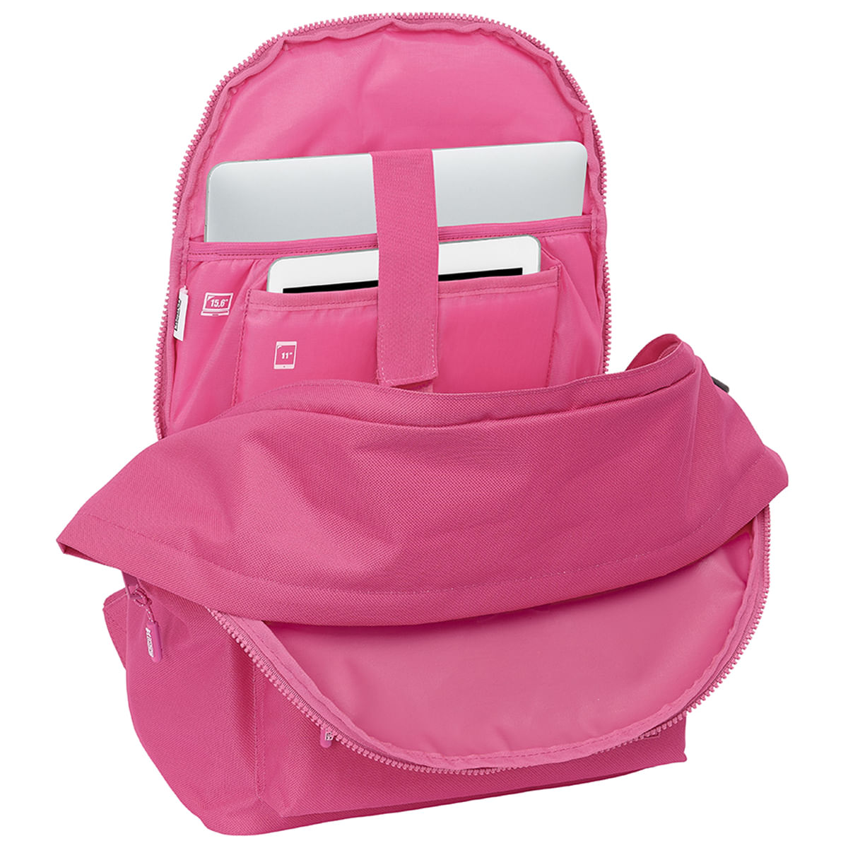 Una mochila rosa abierta que contiene una computadora portátil y una tableta.