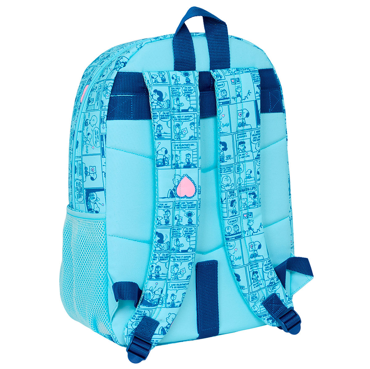 Mochila Peanuts azul claro con correas azules, estampado de cómics y un pequeño corazón rosa en la parte trasera.