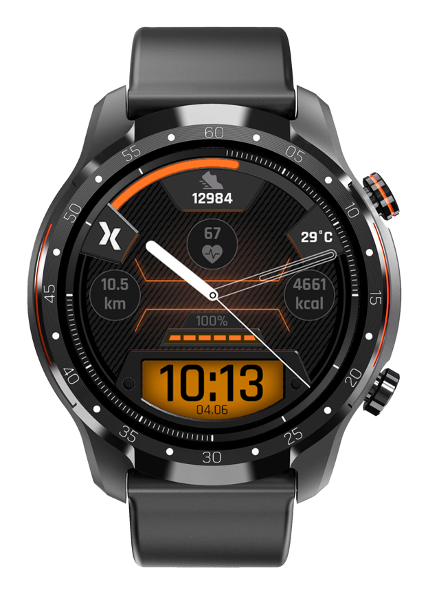 Czarny smartwatch z cyfrową tarczą, pomarańczowymi akcentami, tętnem i krokomierzem.