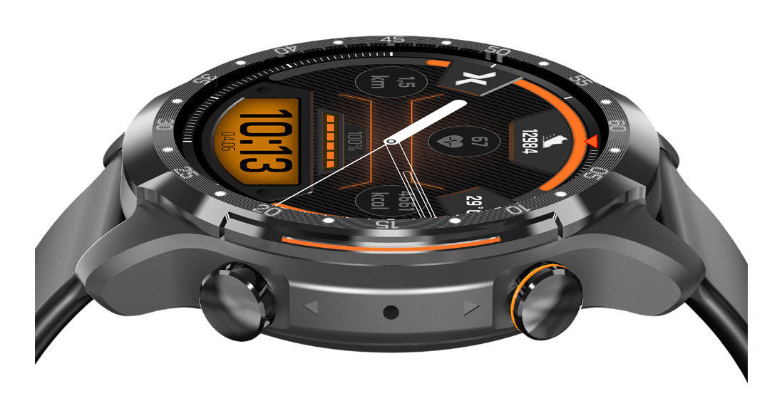 Nowoczesny czarny smartwatch z pomarańczowymi akcentami, cyfrową tarczą i dwoma fizycznymi przyciskami z boku.