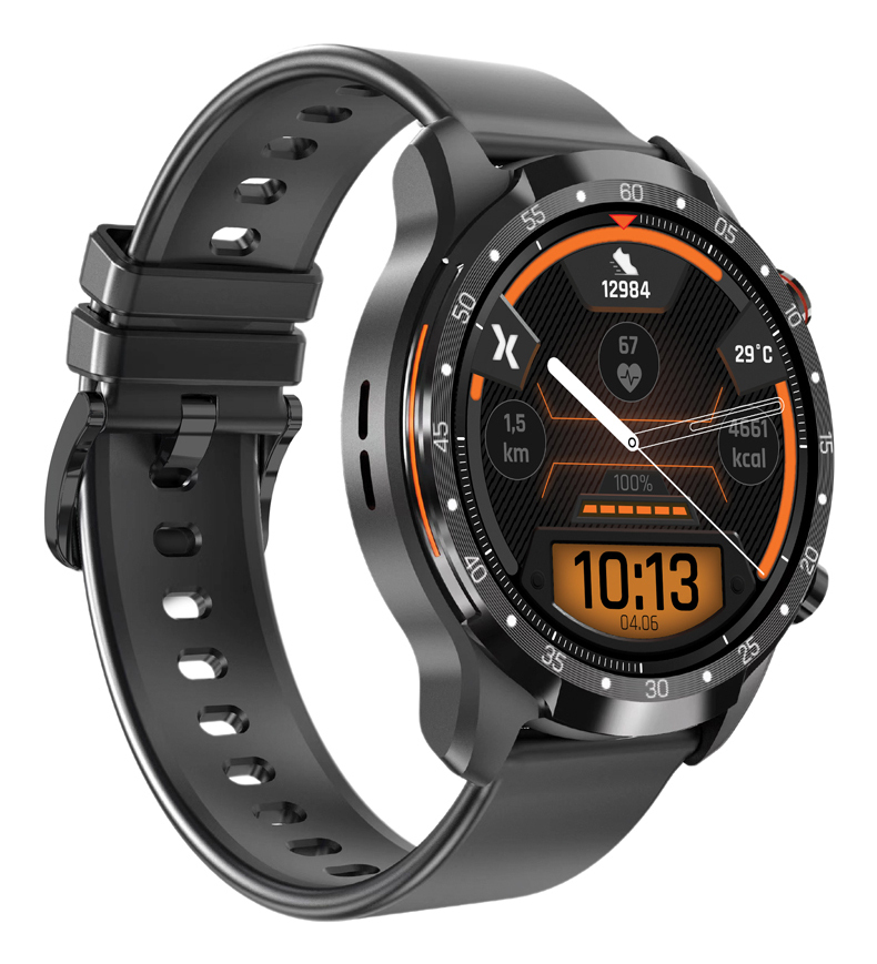 Czarny smartwatch z okrągłym wyświetlaczem pokazującym 10:13, kroki i tętno, z silikonowym paskiem.