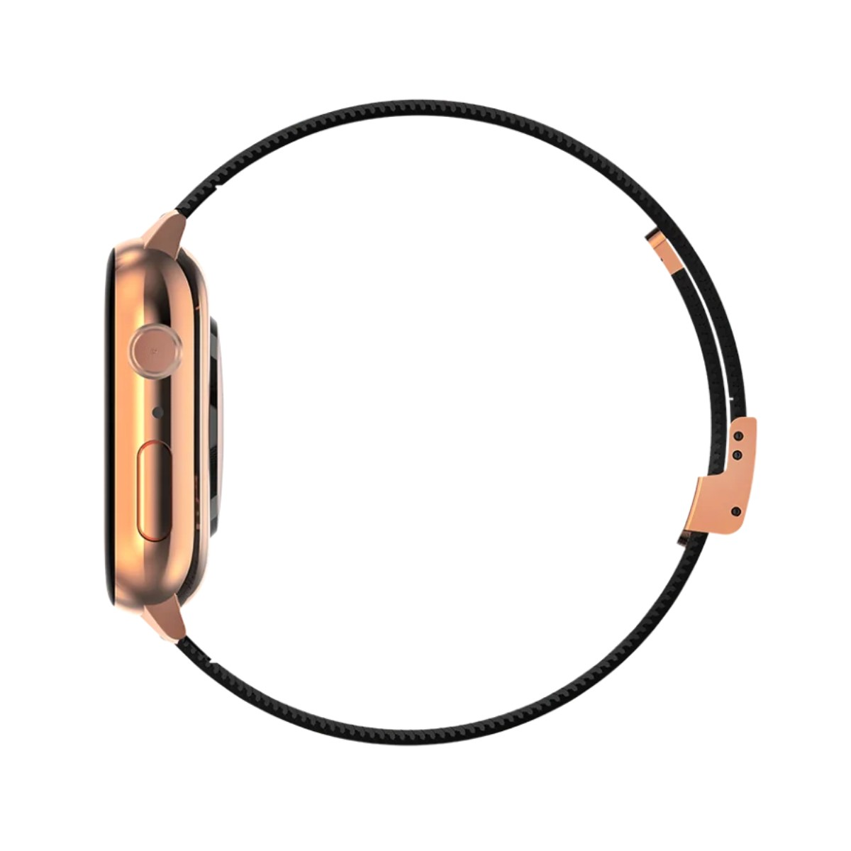 Różowozłoty smartwatch z czarnym paskiem mediolańskim, widoczny z boku na białym tle.