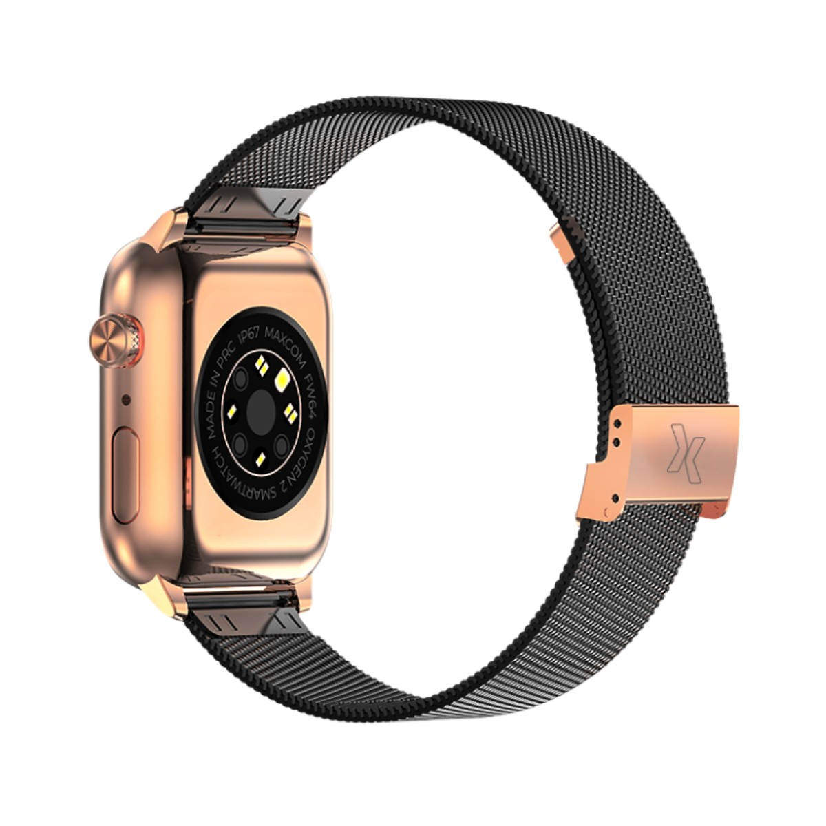 Różowozłoty smartwatch z czarnym paskiem z siatki na białym tle.