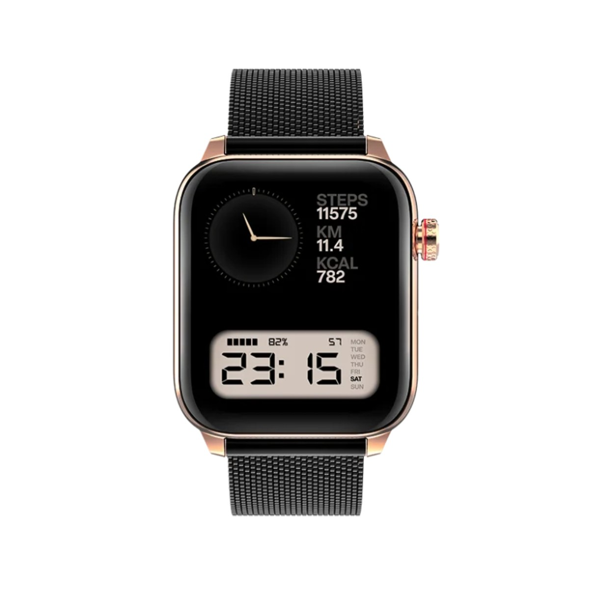Smartwatch w złotej kopercie z czarną bransoletą mesh, wyświetlający godzinę 23:15, kroki i kalorie.